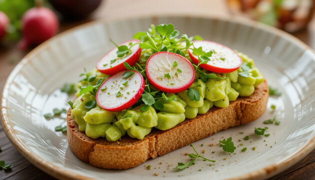 Slice of whole grain bread topped with creamy avocado spread, garnished with fresh radish slices and microgreens, creating vibrant and healthy open faced sandwich