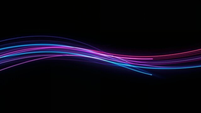 Abstract wavy light trails of blue and pink neon colors on a black background