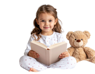 Child in Pajamas Reading Fairy Tale in Bed with Stuffed Toy Beside, isolated transparent background PNG