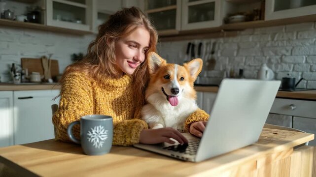 Woman works from home with her corgi dog, 4k video footage