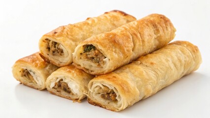 Delicious sausage rolls isolated on white background, a traditional savory snack, perfect for lunch or dinner, with flaky crust