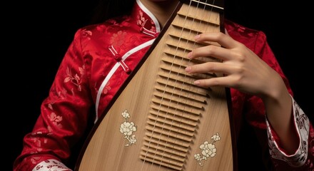Female asian musician playing traditional pipa instrument in red floral dress