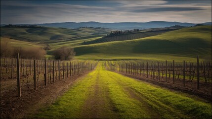 A vast vineyard stretches across rolling hills under a partly cloudy sky,