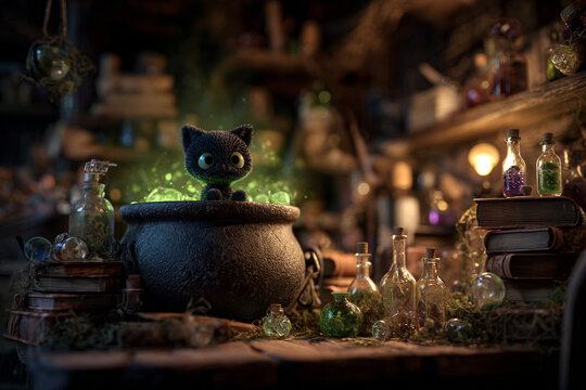Halloween witch's cauldron black cat