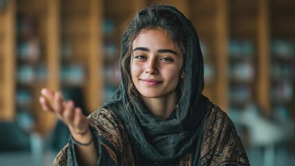 Young woman in headscarf inviting gesture library background, 4k video footage