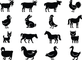 Farm animal silhouettes, goat, cow, rooster, hen, rabbit, horse, donkey, cat, sheep, duck, livestock icons, black vector set