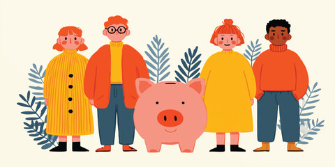Fototapeta premium A diverse group of individuals, standing together, is unified with a focus on a central symbol of financial planning. A warm.