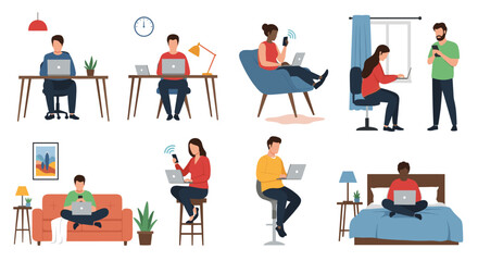 Diverse group of people working remotely using laptops and mobile devices in various home office settings and casual environments