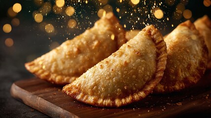 Gujiya / Karanji - Deep-fried dumplings filled with sweetened khoya and dry fruits. on a dark background with golden bokeh lights