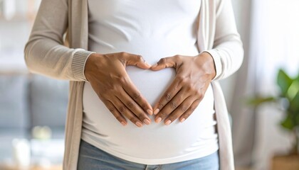 Close-up of a pregnant woman's hands forming a heart shape on her belly, symbolizing love and anticipation.