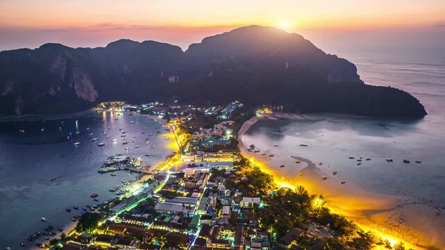 Time lapse of Phi phi island at twilight, Thailand.