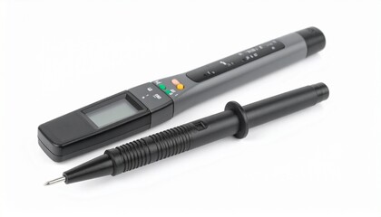 Digital voltage tester pen with LCD display insulated tip ergonomic plastic body and safety features isolated on white background compact electrical diagnostic device
