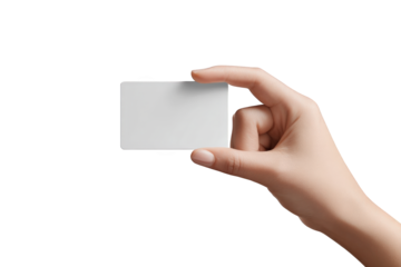 Hand holding a blank business card. A pale hand holds a white rectangular card
