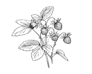 Detailed line drawing of a cluster of wild strawberries