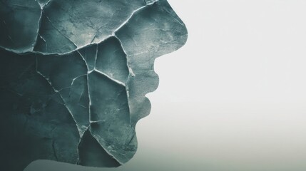 Obraz premium A profile silhouette of a persons head with cracks resembling rock or stone texture,