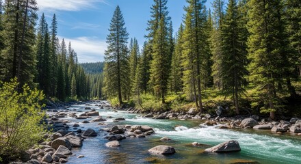 Serene forest river with majestic pine trees and clear blue sky