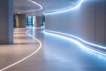 Futuristic curved hallway with minimalist led lighting