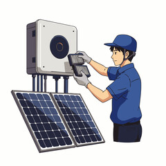 A dedicated technician meticulously installs and maintains advanced solar energy panels and their associated inverter system, ensuring sustainable power generation. © Indhgraphy Visual