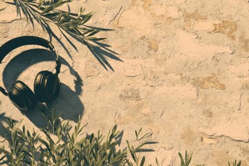Headphones resting on a textured surface with plants.