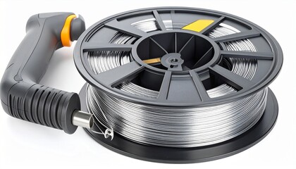 Wire fishing tape reel with durable steel wire ergonomic winding handle and protective housing isolated on white background electrician cable installation accessory
