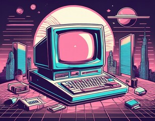 Retrofuturistic cityscape reflected in the screen of a vintage computer