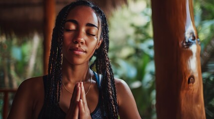 Young african american woman meditating in a yoga studio