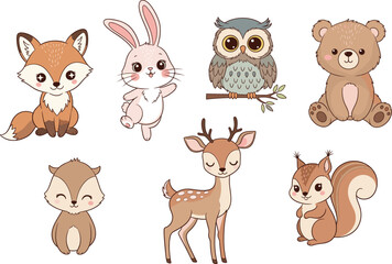 Cute woodland forest animals cartoon vector collection with fox, bunny, owl, deer, bear, squirrel, raccoon in flat style - flat vectorizer
