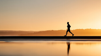 Silhouette of a man jogging along the waterfront at sunrise with golden sky and calm reflections.