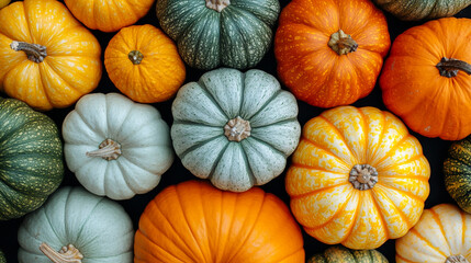 Colorful pumpkins background, overhead view, autumn harvest display