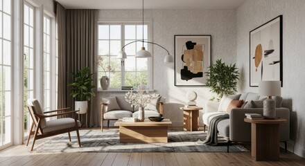 Fototapeta premium Bright, Modern Living Room with Natural Light and Abstract Art