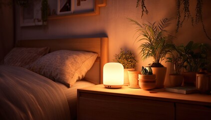 Warm bedside lamp in a cozy bedroom
