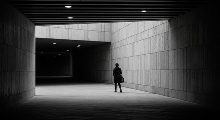 Solitary female figure in modern concrete tunnel with overhead lighting