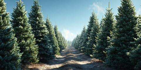 Dense evergreen forest path surrounded by tall conifer trees under a clear blue sky in early morning light