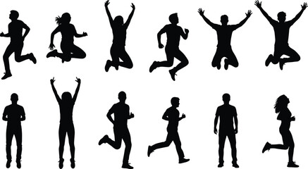Silhouette of active human figures, black shapes, motion, fitness, energy, movement, people, sports, action, exercise, physical activity, abstract, minimal, vector, isolated