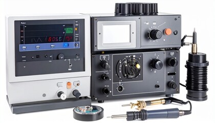 Obraz premium Industrial hot air rework station with digital controls adjustable airflow soldering iron and accessories isolated on white background professional electronics repair tool 