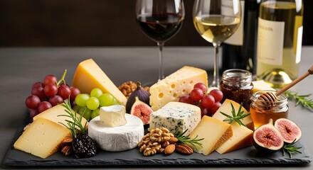 Gourmet cheese platter with grapes, figs, nuts and wine.