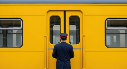 Train conductor in uniform facing bright yellow train door