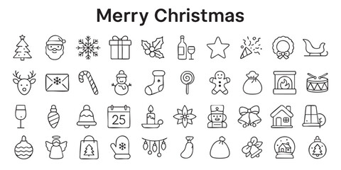 a set of Christmas line icons with the inscription “Merry Christmas line icons” on top.