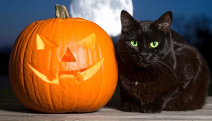 Candlelit Jack-O-Lantern and Black Cat Indoors, Cozy Halloween Still Life and Autumn Home Decoration