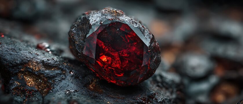 deep red precious stone encased in dark mineral
