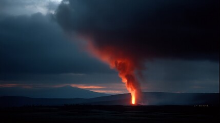 Erupting Volcano Under a Dramatic Night Sky, Emitting Smoke and Fire. Scenic Landscape.