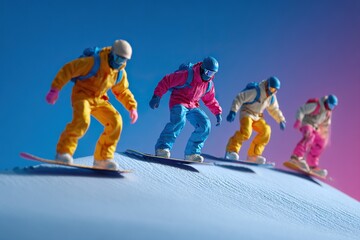 Four snowboarders glide down a snow-covered hill under a vibrant sky.