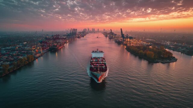 Container ship at sunset entering a busy port city harbor, 4k video footage