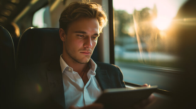 Businessman using tablet traveling commuting on train business travel