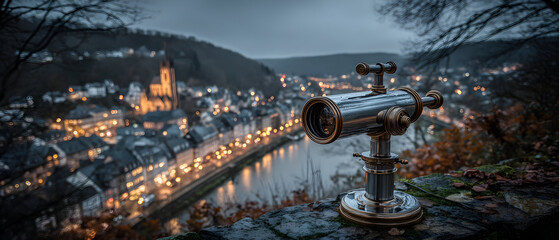 High-angle view of a small town at night, with a telescope in the foreground.