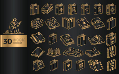 Set of 30 golden book and education icons on dark background vector illustration for web design and mobile apps