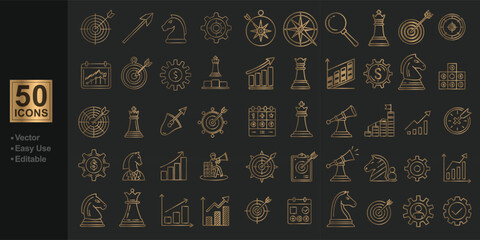Set of 50 golden business and finance line icons on dark background including charts graphs money calculator and tools