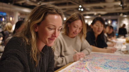 Women engaged in collaborative mandala coloring at a creative gathering