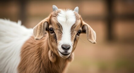 Obraz premium Adorable young goat with brown and white fur and small horns gazes curiously forward in soft natural light