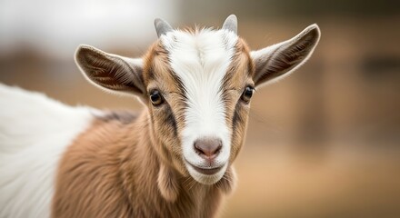 Obraz premium Adorable baby goat with curious eyes and soft fur looks directly at camera, perfect for farm or nature themes